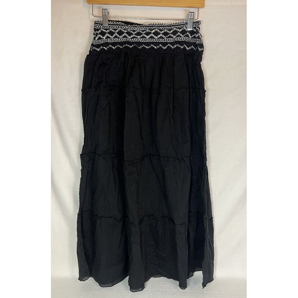 Studio West Maxi Skirt Size Small Black Crinkle Cotton Smocked Elastic Waist